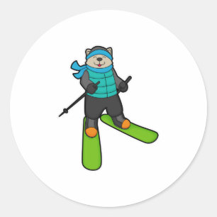 Sticker Rond Chat en Skier avec Ski