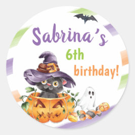 Sticker Rond Chat en sorcière, fête d'anniversaire, tout âge