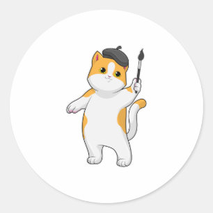 Sticker Rond Chat en tant que Peintre avec pinceau