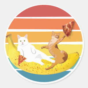 Sticker Rond Chat équitation banane et tenant pizza rétro