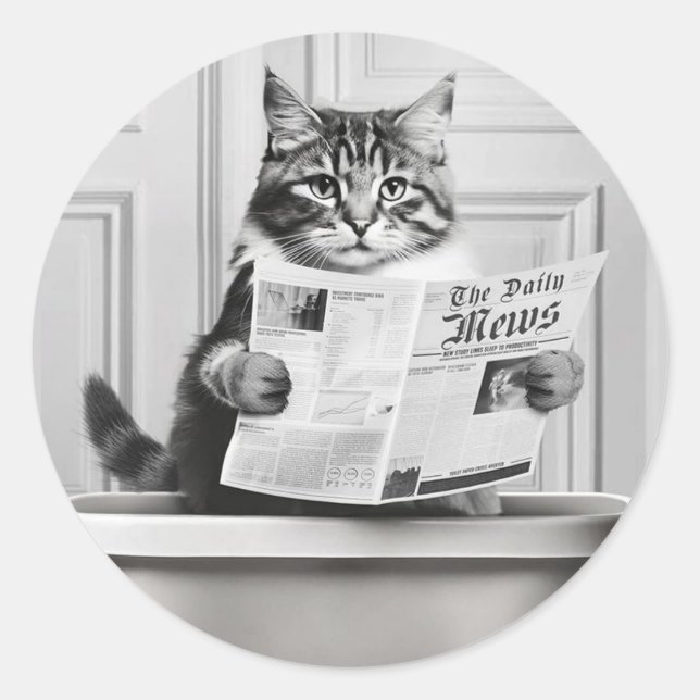 Sticker Rond Chat est assis sur la Toilette, chat lire une nouv (Devant)