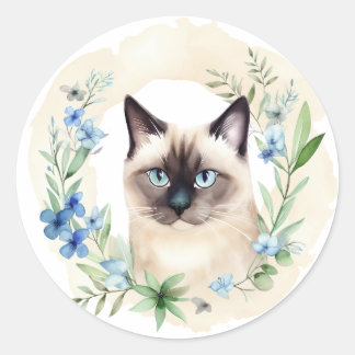 Sticker Rond Chat et botaniques siamois Whimsical
