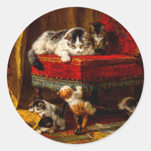 Sticker Rond Chat et chatons Jouer avec chaise