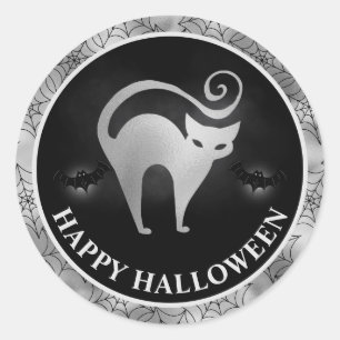 Sticker Rond Chat et Chauves-Souris Argent & Noir Joyeux Hallow