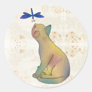 Sticker Rond Chat et libellule bleue
