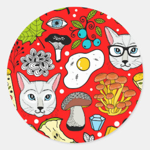 Sticker Rond Chat et oeuf sur le rouge