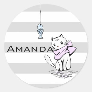 Sticker Rond Chat et poisson blanc testé