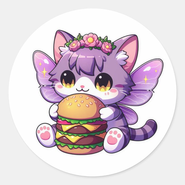 Sticker Rond Chat fée mignonne avec hamburger (Devant)