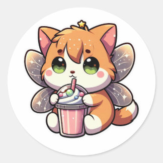 Sticker Rond Chat fée mignonne buvant du milk-shake