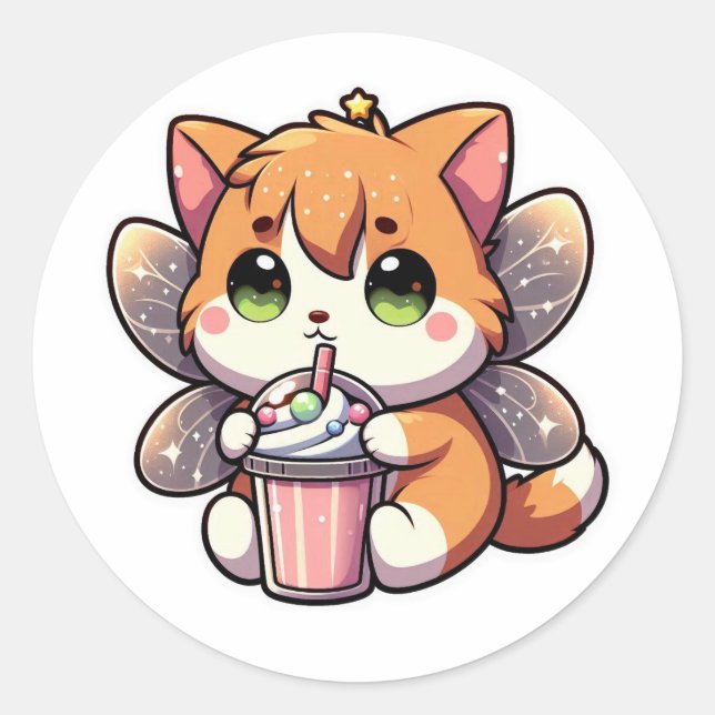 Sticker Rond Chat fée mignonne buvant du milk-shake (Devant)