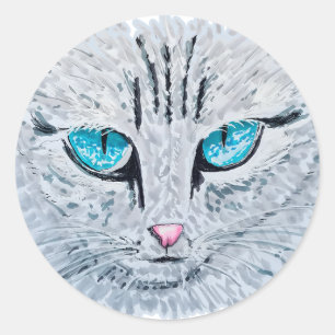 Sticker Rond Chat Fluffy aux Yeux Bleus