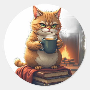 Sticker Rond Chat grincheux addict au café Routine matinale Vin
