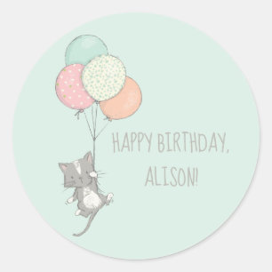 Sticker Rond Chat gris doux avec ballons fête d'anniversaire