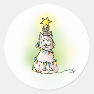 Sticker Rond Chat gris et souris avec lumières de Noël