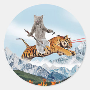 Sticker Rond Chat guerrier chevauchant un tigre