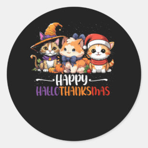Sticker Rond Chat Halloween Noël Joyeux Hallothanksmans Merci