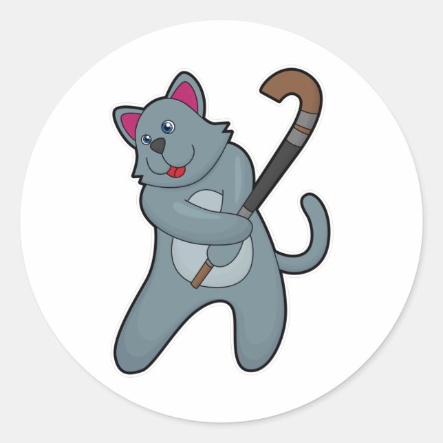Sticker Rond Chat Hockey avec bâton de hockey (Devant)