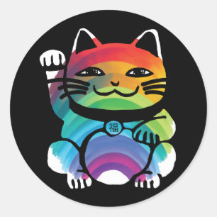 Sticker Rond Chat japonais de bonne chance avec arc-en-ciel