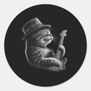 Sticker Rond Chat Jouer Guitare - Funny Rock Music Guitare Chat