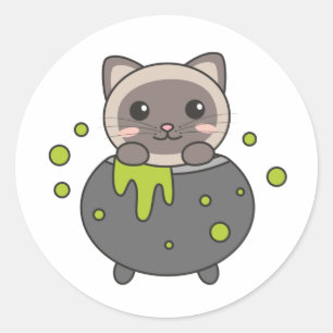 Sticker Rond Chat Joyeux Halloween Cauldron Bat