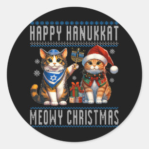 Sticker Rond Chat Joyeux Noël Joyeux Hanoukka Christie juive