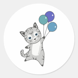 Sticker Rond Chat Kitten Ballons mignons Animaux Gris Chats
