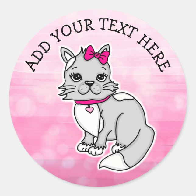 Sticker Rond Chat Kitty gris et blanc personnalisé (Devant)