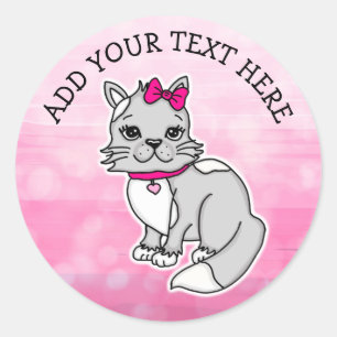 Sticker Rond Chat Kitty gris et blanc personnalisé