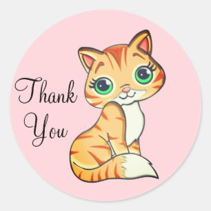 Sticker Rond Chat kitty mignon avec Merci du coeur sur Rose cla