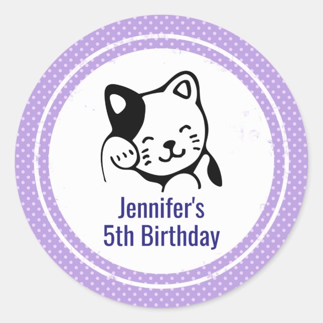 Sticker Rond Chat Kitty noir et blanc agitant Bonjour Anniversa (Devant)
