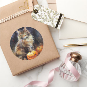 Sticker Rond Chat Maine Coon Halloween Avec Citrouilles Épouvan
