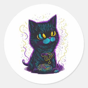 Sticker Rond chat mangeant des nouilles.
