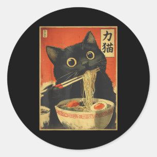 Sticker Rond Chat Mangeant Des Ramen Drôle Chat Kawaii Japonais
