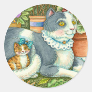 STICKER ROND CHAT MÈRE ET CUISINE, FLEURS POTÉES, BOWS & LACE