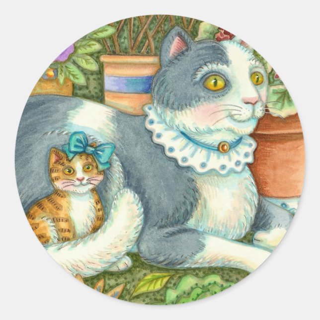 STICKER ROND CHAT MÈRE ET CUISINE, FLEURS POTÉES, BOWS & LACE (Devant)