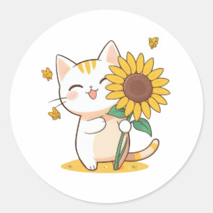 Sticker Rond Chat mignon avec un design Kawaii tournesol