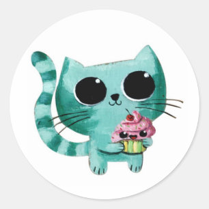Sticker Rond Chat mignon de Kitty avec le petit gâteau de