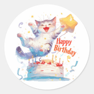 Sticker Rond Chat mignon Joyeux anniversaire