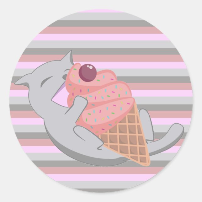 Sticker Rond Chat mignon mangeant de la glace rayée (Devant)