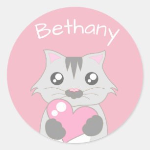 Sticker Rond Chat mignon tenant Coeur rose Personnalisé
