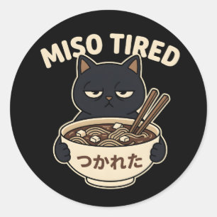 Sticker Rond Chat Miso Fatigué Bol de Ramen Style d'Humour Alim