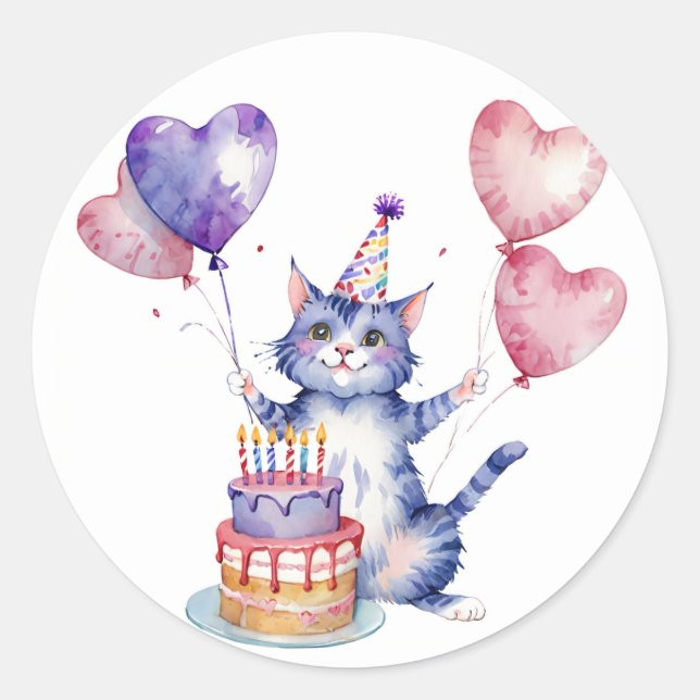 Sticker Rond Chat mou mauve Anniversaire de gâteau - Anniversai (Devant)