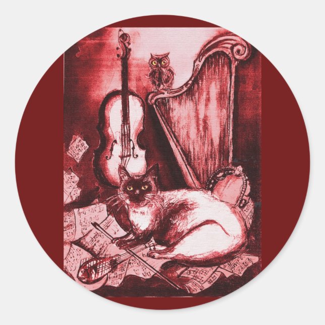 Sticker Rond CHAT MUSICAL AVEC OWL, Rouge, Blanc (Devant)