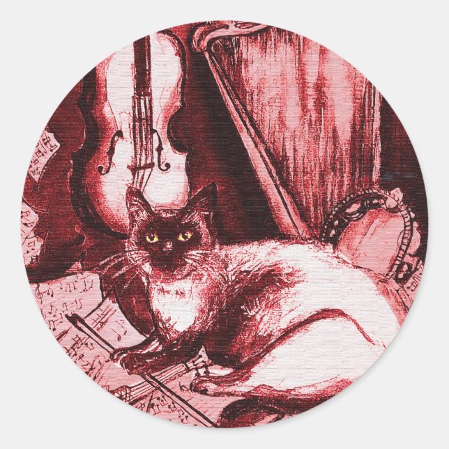 Sticker Rond CHAT MUSICAL AVEC OWL, Rouge, Blanc (Devant)