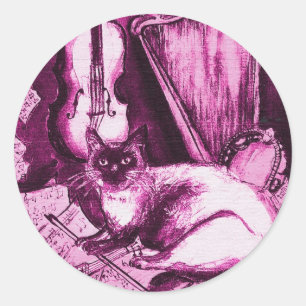 Sticker Rond CHAT MUSICALE, rose violet Fuchsia et blanc