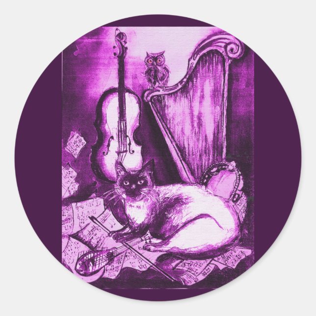 Sticker Rond CHAT MUSICALE, Violet rose et blanc (Devant)