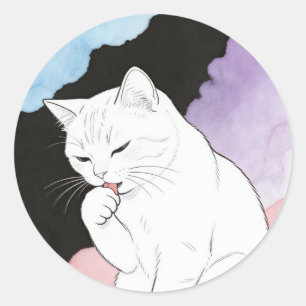 Sticker Rond Chat nettoyant sa patte