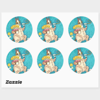 STICKER ROND CHAT N'FITZ EN COUCHER D'ANNIVERSAIRE, GÂTEAU ET B