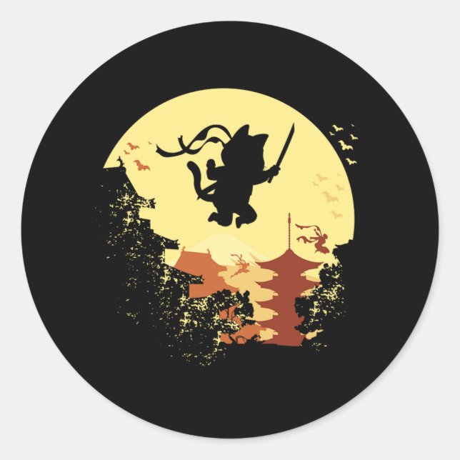 Sticker Rond Chat Ninja Samurai Shinobi Kitten Kitty Animal ani (Devant)