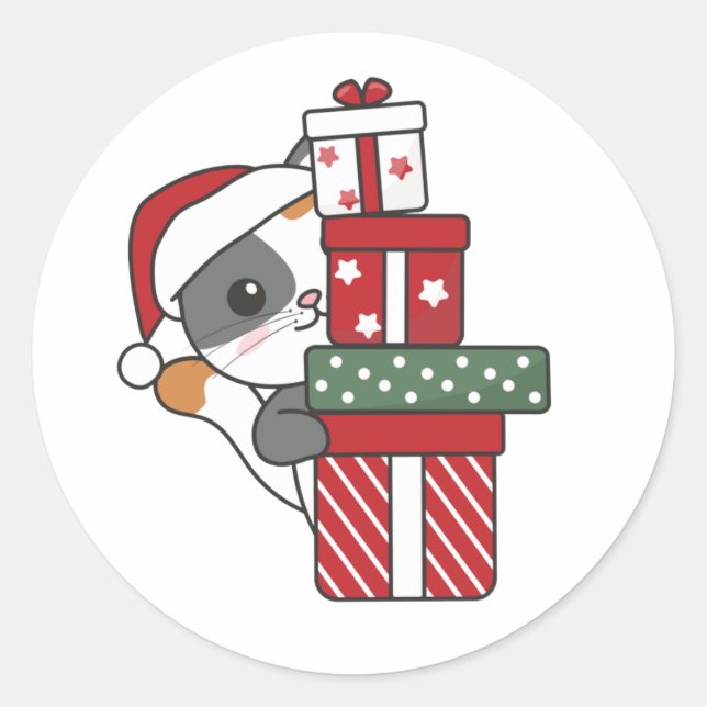 Sticker Rond Chat Noël Cadeau d'hiver Animaux Chats Classique R (Devant)